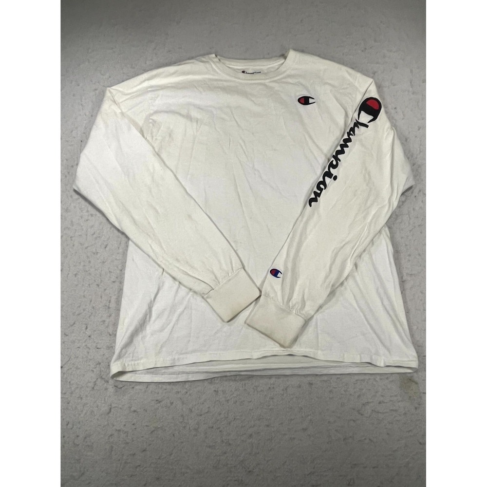 Champion Authentic Shirt Mens Medium White Spellout Embroidered Logo Long Sleeve